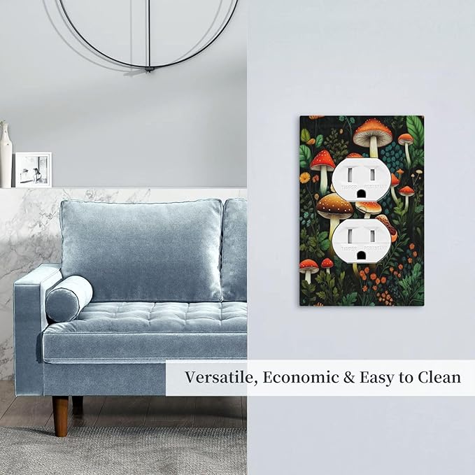 Decorative Outlet Covers Boho Red Mushroom Green Leaf Plants Floral 1 Gang Wall Plate Receptacle Duplex Light Switch Cover Plate Single Dual Plug Covers Electrical Switchplate Faceplate