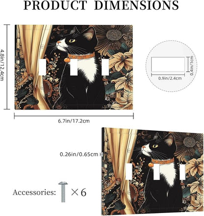 Decorative Switch Plates Boho Mandala Floral Black Cat Vintage Flower 3 Gang Wall Plate Triple Toggle Light Switch Cover Faceplate Electrical Wall Panels For Farmhouse Home Decor