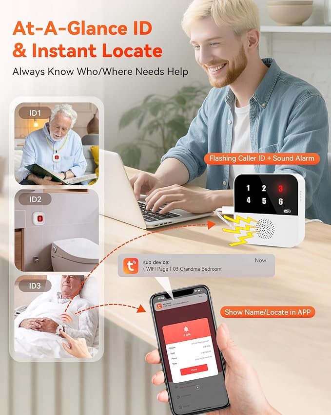 WiFi Caregiver Pager Smart Call System - Display Caller ID & App Alerts, No Monthly Fee, IP65 Waterproof Wristband + 2 Call Buttons, Emergency Alert Button for Elderly at Home & Nursing Care