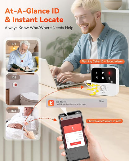 WiFi Caregiver Pager Smart Call System - Display Caller ID & App Alerts, No Monthly Fee, IP65 Waterproof Wristband + 2 Call Buttons, Emergency Alert Button for Elderly at Home & Nursing Care