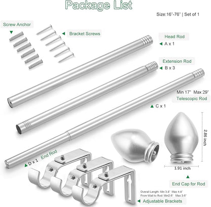 Curtain Rods for Windows 16 to 76 inches, Curtain Rod Max Adjustable Length to 88 in, Drapery Rod 1 inch Diameter with Modern Knobs Finials (Satin Silver, 16" to 76" - Set of 1)