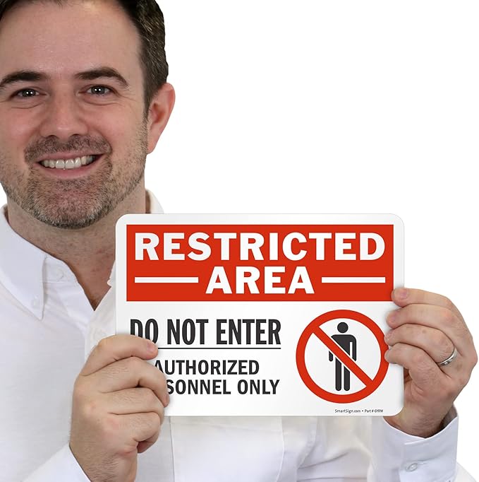 SmartSign 7 x 10 inch “Restricted Area - Do Not Enter, Authorized Personnel Only” Sticker Label with Symbol, 3 mil Laminated Adhesive Polyester, Red, White and Black, Made in USA