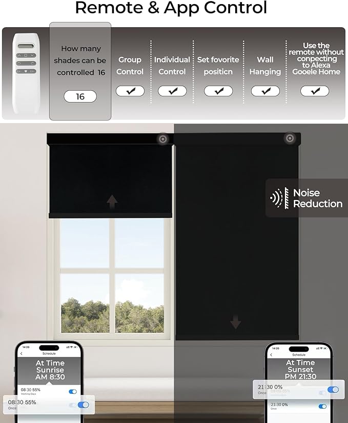 Motorized Roller Shade with Remote Control, 100% Blackout Electric 21-98” Width Blinds for Windows with Alexa Google Home, Rechargeable Smart Automatic Customized Size（Waterproof-Black）