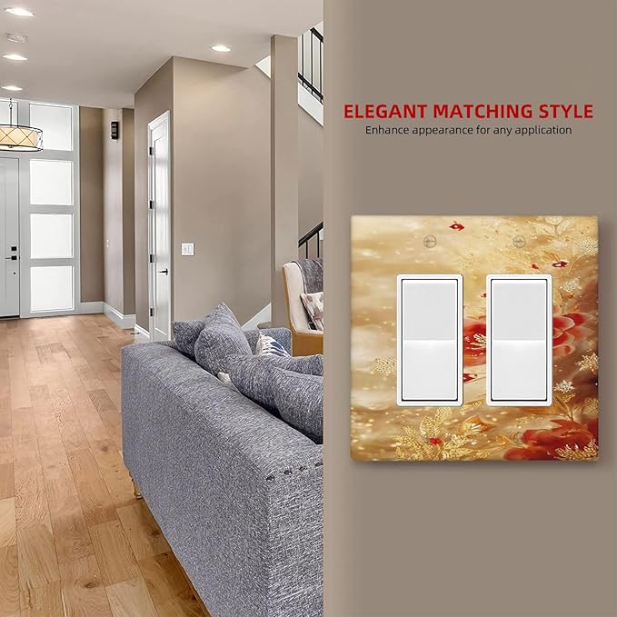 Decorative Outlet Covers Golden Leaf Red Peony Flowers Floral 2 Gang Wall Plate Double Rocker Two Switch Wall Cover Plate Jumbo Dual GFCI Faceplate for Bedroom Decor