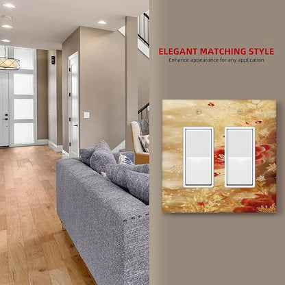 Decorative Outlet Covers Golden Leaf Red Peony Flowers Floral 2 Gang Wall Plate Double Rocker Two Switch Wall Cover Plate Jumbo Dual GFCI Faceplate for Bedroom Decor