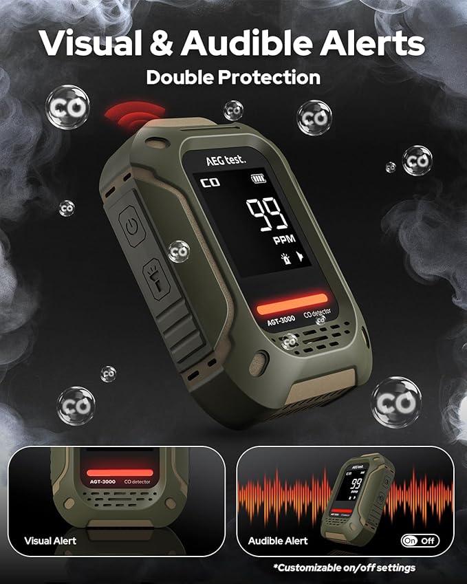 AGT-3000 Portable Carbon Monoxide Detector, 240H Standby, Upgraded CO Sensor for Travel, Rechargeable CO Detector with Audible & Visual Alerts, CO Meter for Camping, 0-1000ppm