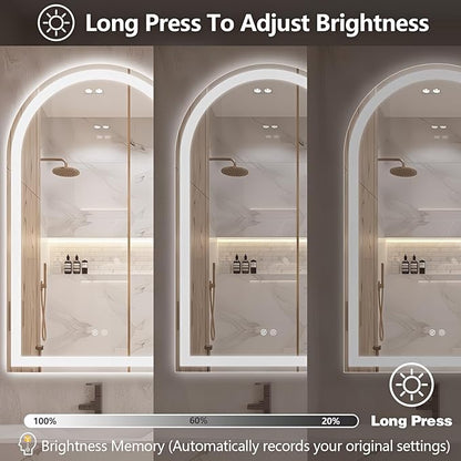 Niccy Arched LED Bathroom Mirror, 33x20 Arch Wall Mounted Frameless Bathroom Mirror for Vanity, Smart Lighted Frontlit Mirrors with Memory Function for Bathroom Bedroom Beauty Hair Salon