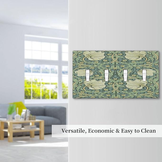 Light Switch Covers Vintage Floral Plant Sage Green William Morris Quad Toggle 4 Gang Wall Plate Electrical Faceplate Decorative Switch Plates for Bedroom Home Decor