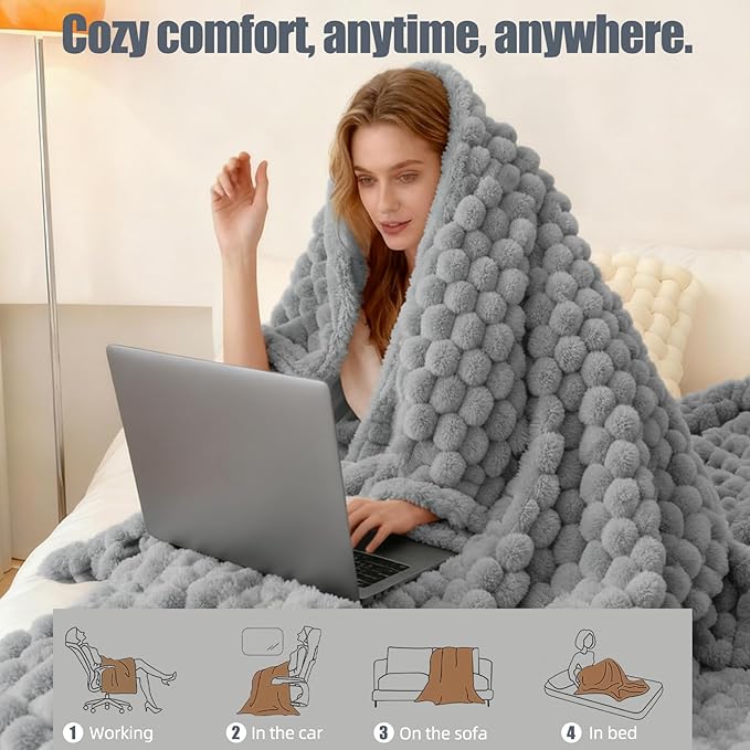Electric Heated Blanket Throw 50" x 60" Soft Ribbed Faux Fur Flannel Fast Heating 12 Heat Levels 1–12H Timer & Overheat Protection & Auto Shut-Off & ETL FCC & Machine Washable Heated Throw (Gray)