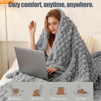 Electric Heated Blanket Throw 50" x 60" Soft Ribbed Faux Fur Flannel Fast Heating 12 Heat Levels 1–12H Timer & Overheat Protection & Auto Shut-Off & ETL FCC & Machine Washable Heated Throw (Gray)