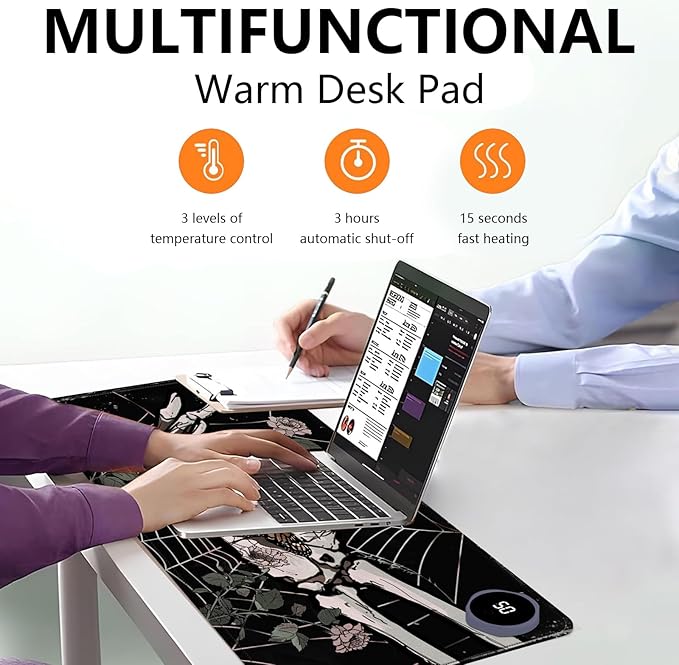Heated Mouse Pad with 3 Levels Heated & 3 Hours Auto Shut-Off Mouse Pad for Warming Hands in Office Home, 23.6" x 14.2"Large Safe Desk Mat Hand Warmer，Skeleton Hand Spider Web