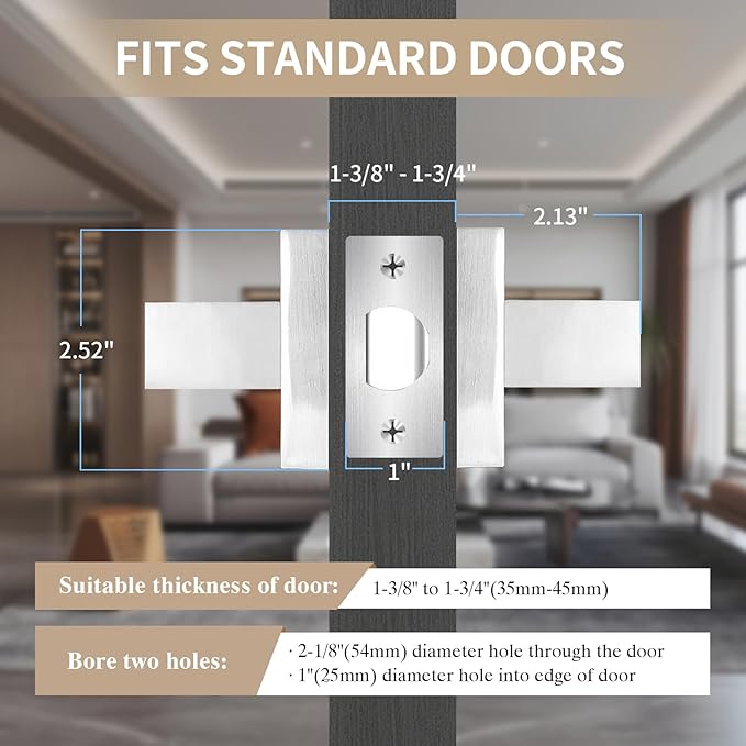 Square Passage Door Lever, Heavy Duty Interior Door Handles for Hallway& Closet Non-Locking Door Knob in Satin Nickel Keyless Door Lockset for Right & Left Side Door, 8 Pack