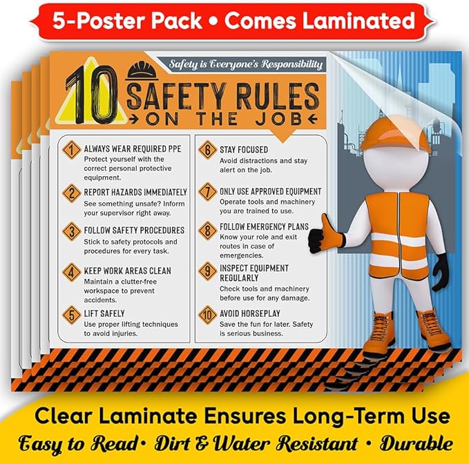 10 Safety Rules on the Job Poster 2026 Version – 18x24 Durable Laminated Safety Sign, Tear-Resistant, Waterproof Workplace Safety Poster for Industrial and Construction Settings (Pack of 5)