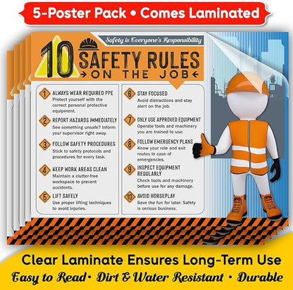 10 Safety Rules on the Job Poster 2026 Version – 18x24 Durable Laminated Safety Sign, Tear-Resistant, Waterproof Workplace Safety Poster for Industrial and Construction Settings (Pack of 5)