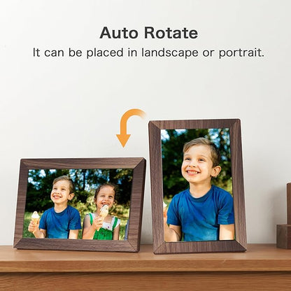 Digital Picture Frame, Frameo WiFi 10.1 Inch 1280 * 800IPS Touch Screen Digital Photo Frame, 32GB Memory, Auto-Rotate, Share Videos Pictures, Birthday Gift for Friend, Family, Wood Color Plastic Frame
