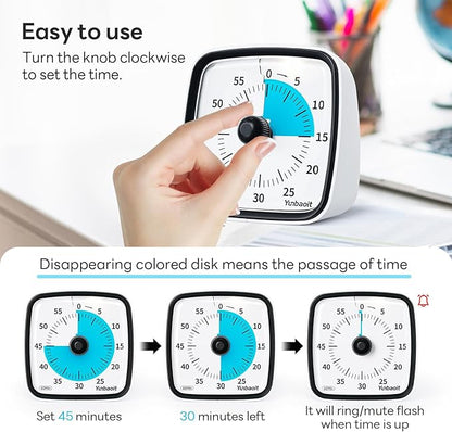 Yunbaoit Visual Timer with Night Light, 60-Minute Countdown Timer for Kids and Adults, Silent Classroom Timer, Time Management Tool for Home, School, or Work (Dark Black)