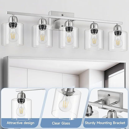 Modern Brushed Nickel 5 Light Bathroom Vanity Light, 31 inch Bathroom Lights Fixtures, Vanity Lights for Mirror Kitchen Living Room Hallway Cabinet Porch
