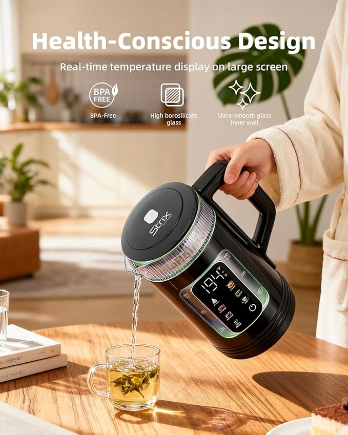 Electric Tea Kettle with Temperature Control, 1.5L Glass smart Water Boiler for Tea, Coffee & Boil, Automatic Shut Off, 12h Keep Warm & One-Touch 6 Presets