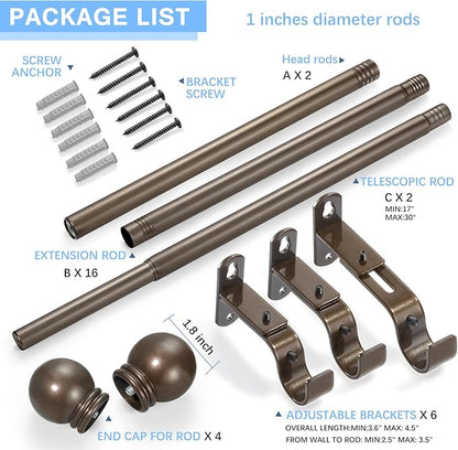 Curtain Rods for Windows 16 to 150 Inches, Curtain Rod Max Adjustable Length of 160 IN, 1" Diameter Drapery Rods Round Finials, Brown, Pack of 2