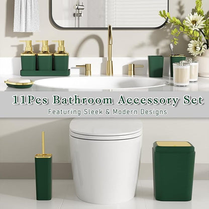 Bathroom Accessory Set, 11PC Bathroom Set, Green Bathroom Accessories, Bathroom Accessories Set with Trash Can, 3PC Soap Dispensers and Toilet Brush