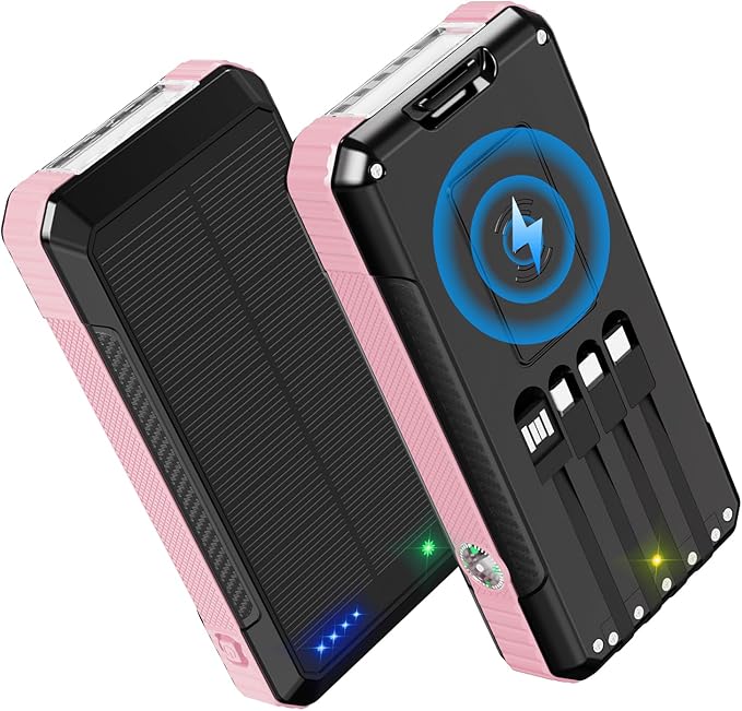 Solar Charger Power Bank 49800mAh, Portable Phone Wireless Charging Built-in 4 Cables 22.5W Fast Charging,Type-C Input/Output Port Solar Panel Charger with Flashlights&Compass for Camping（Pink