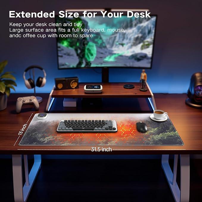 iCasso Heated Mouse Pad, XL Big Desk Pad with 4 Heating Levels & 4 Auto Shut-Off Levels for Computer Keyboard, 31.5" x 13" Large Safe Desk Mat Hand Warmer for Home Office Work (Forest)
