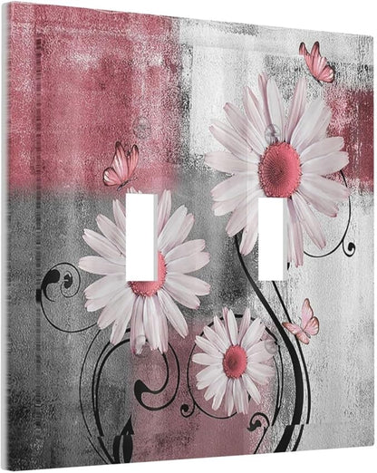 Decorative Switch Plates Pink Floral Rustic Daisy Flower And Butterfly 2 Gang Double Toggle Wall Plate Outlet Light Switch Cover Electrical Faceplate for Farmhouse Cabin Decor