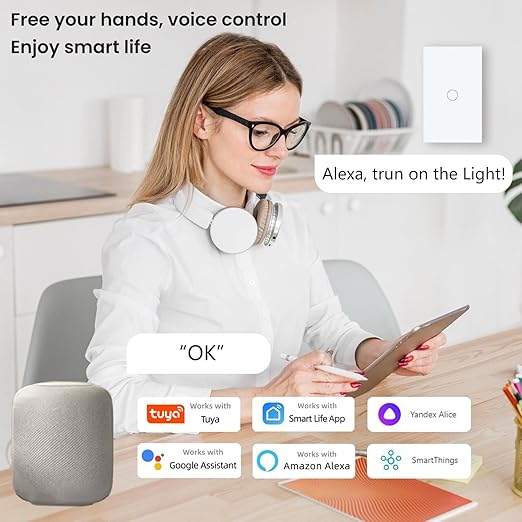WiFi Smart Light Switch 118X72X34MM Need Neutral Wire,2.4GHz Wi-Fi Touch Switch,Work with Smart Life/Tuya App, Compatible with Alexa and Google Home, White 1 Gang