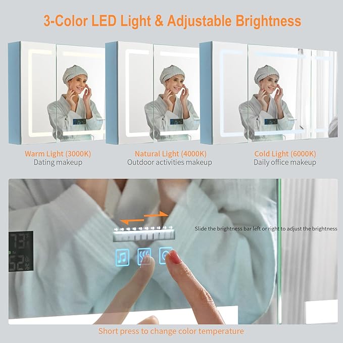 VINGLI LED Lighted Medicine Cabinet with Intelligent Mirror, Bluetooth Speaker, Weather & Temp Display, Anti-Fog, Built-in Outlet & USB, Large 3-Door Bathroom Mirror Cabinet,48 Inch, Need Assembly
