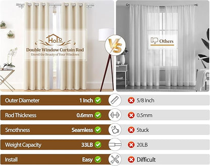Double Curtain Rod 72 to 144 Inch, HOTOZON 1 Inch Heavy Duty Curtain Rods for Windows, Telescoping Double Drapery Rod with Simple Cap Finials, Silver