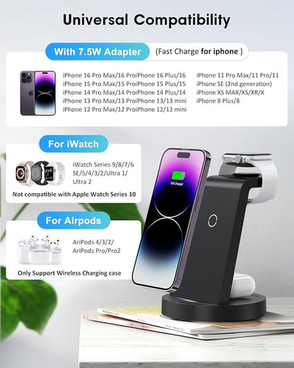 3 in 1 Charging Station for Apple Device, Wireless Charger for iPhone 16e 16 15 14 13 12 11 Pro Max & Apple Watch iwatch- Charging Stand Dock for AirPods