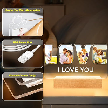 Custom Picture Frames with Photo, Personalized Picture Frame with Night Light, Customized Photo Frame Gifts, Personalized Anniversary Valentines Day Gifts for Women Men Her Him Girlfriend Boyfriend Couple