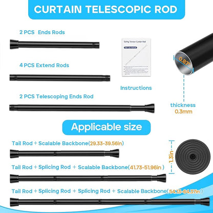 2 Pack Black Shower Curtain Rod 30 To 64 Inch Black Shower Tension Rod 7/8" Adjustable Curtain Rod No Drilling Spring Tension Curtain Rod Shower Rods for Bathroom Windows Doorways Closet