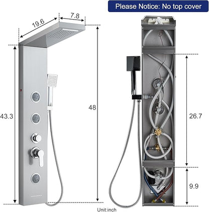 ROVATE LED Shower Panel Tower System with Rainfall Waterfall Shower, Shower Panel with Jets and Rainfall and Handheld, 5 in 1 Brushed Stainless Steel Shower Panel System High Pressure with Tub Spout