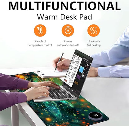 Heated Mouse Pad with 3 Levels Heated & 3 Hours Auto Shut-Off Mouse Pad for Warming Hands in Office Home, 23.6" x 14.2"Large Safe Desk Mat Hand Warmer，Glowing Dragonfly