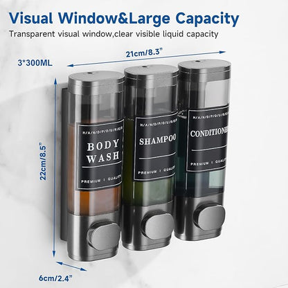 Shampoo and Conditioner Dispenser,Shower Dispenser 3 Chamber No Drill Wall-Mounted Shampoo Dispenser for Shower Wall Mounted Shower Soap Dispenser for Bathroom Hotel 3X300ML,Gun Grey