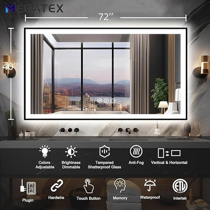 72x40 Lighted Mirrors for Bathroom Wall, Modern Rectangle Matte Black Mirror, Tempered Glass，Double Lights, 3 Colors Dimmable Temperature, IP54 Enhanced Anti-Fog, Memory (Horizontal/Vertical)