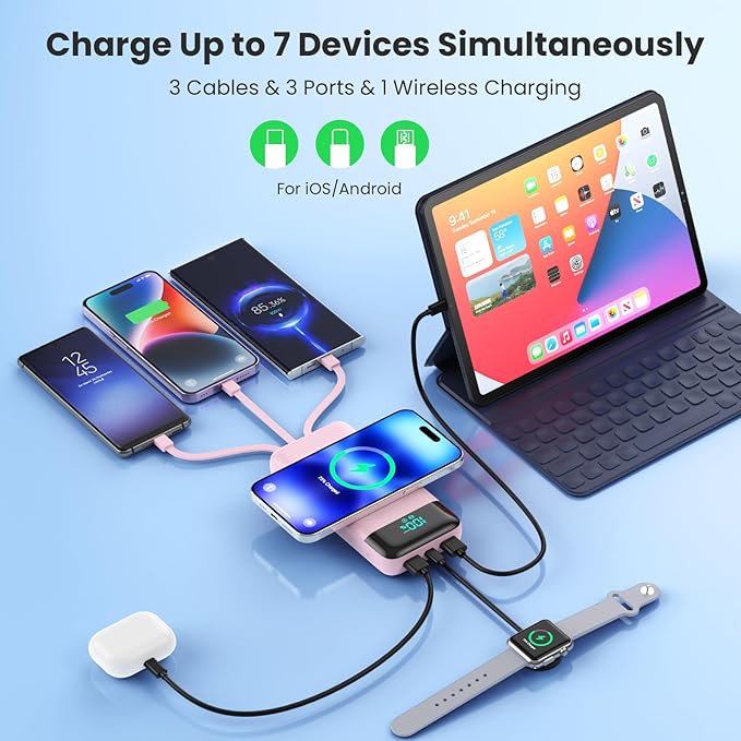 Wireless Portable Charger 40800mAh with 3 Built-in Cables,7-in-1 15W Wireless Charging Power Bank,25W PD QC 4.0 Fast Charging USB C LCD Display Battery Pack for iPhone 16/15/13,Samsung,Android-Pink