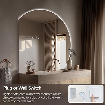 Niccy Half Moon LED Mirror for Bathroom, 32" Semi Backlit Mirror Frameless Makeup Mirror with Light, Anti-Fog, Shatter-Proof, 3 Colors, Smart Vanity Mirror