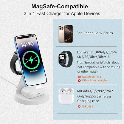 3 in 1 Charging Station Compatible with Magsafe Charger Wireless Charging Station for iPhone 17 16 15 14 13 12 Series Wireless Charger Stand for AirPods Wireless Charging Stand for iWatch Series