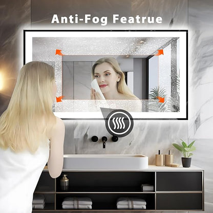 55x30 Light up Bathroom Mirror,LED Vanity Mirror,Black Framed,Backlit + Front Lit,3 Colors Dimmable,Anti-Fog,Shatter-Proof,Touch Control,Anti-Corrosion,Memory(Horizontal/Vertical)