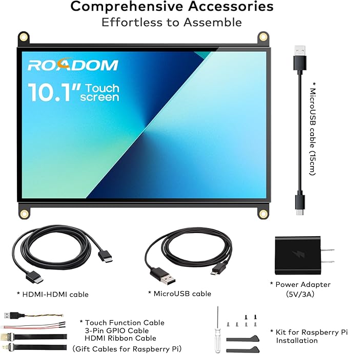 ROADOM Raspberry Pi Screen, 10.1’’ Touchscreen Monitor, IPS FHD 1024×600,Responsive and Smooth Touch,Dual Built-in Speakers,HDMI Input,Compatible with Raspberry Pi 5/4/3/Zero,Easy Assembly,Driver Free