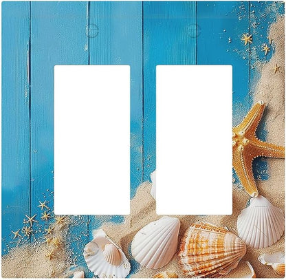 Decorative Outlet Covers Blue Wood Grain Beach Shell Starfish 2 Gang Double GFCI Rocker Electrical Wall Panels Light Switch Cover Plate for Bathroom Farmhouse Decor