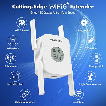 NEWFAST AX1800 WiFi Extenders Signal Booster NF-RE553, Dual Band WiFi 6 Range Extender, 5.8GHz&2.4GHz WiFi Booster for Home Covers Up to 9800 Sq.ft, AP/Router/Bridge Mode, Gigabit Port, One Tap Setup
