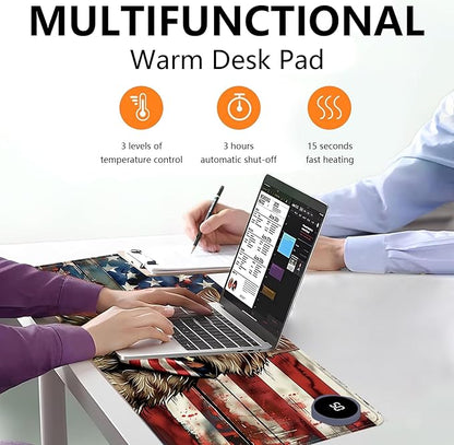 Heated Mouse Pad with 3 Levels Heated & 3 Hours Auto Shut-Off Mouse Pad for Warming Hands in Office Home, 23.6" x 14.2"Large Safe Desk Mat Hand Warmer，Flag Cute Cat