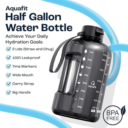 AQUAFIT 64 oz Water Bottle with Time Marker - Straw & Chug Lid - BPA Free Half Gallon Gym Water Bottle with Handle - Big Gallon Jug (Blue Skies, 64 Ounces)