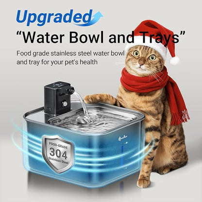 DownyPaws Cat Water Fountain Stainless Steel Wireless, 101 oz/3L FurSink Cordless Water Fountain for Cats, Battery Operated Cat Fountains for Drinking with Motion Sensor, Easy Clean, Black