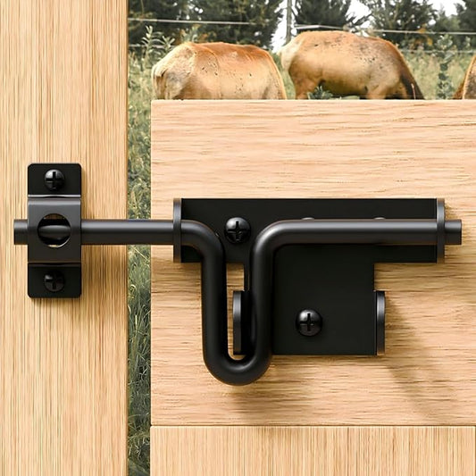 Heavy Duty Slide Bolt Gate Latch for Wooden Fence, 2 Way Barn Door Latch with Padlock Hole, Offset and Flush Mounted Gate Latch for Outdoor Gates/Yard Fence/Shed Door, Black, 1 Pack