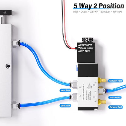 TAILONZ PNEUMATIC 3/8"NPT 110V Solenoid Valve 4V310-10 12V/24V/110V/220V Single Coil Pilot-Operated Electric 2 Position 5 Way Connection Type（Outlet wire）