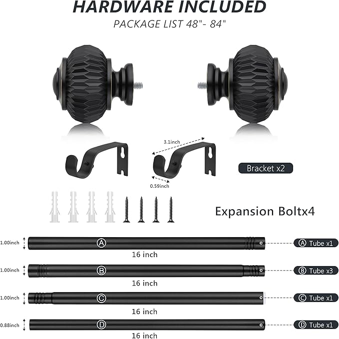 Black Curtain Rods for Windows 48 to 84 Inches 1 Inch Adjustable Heavy Duty Curtain Rods with Lantern Ball Finials,Window Treatment Single Curtain Rod Set